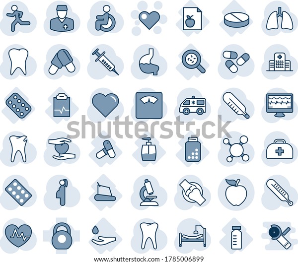 Blue tint and shade editable vector line icon set -\
heart vector, pulse, monitor, doctor case, molecule, syringe,\
thermometer, microscope, scales, pills, blister, ambulance car,\
run, hospital bed