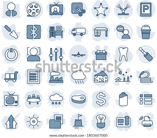 Blue tint and shade editable vector line icon set -\
parking vector, plane, gift, christmas landscape, dollar sign,\
desk, meeting, factory, trowel, bucket, sun, rain, hose, tooth, car\
delivery, cargo
