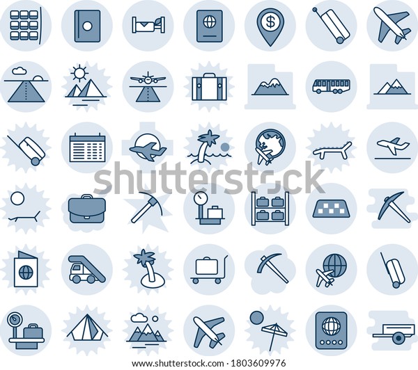 Blue tint and shade editable vector line icon set -\
plane vector, runway, taxi, suitcase, baggage trolley, airport bus,\
passport, ladder car, seat map, luggage storage, scales, globe,\
departure, job