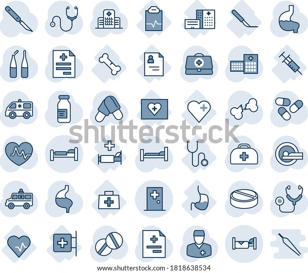 Blue tint and shade editable vector line icon\
set - bed vector, hotel, first aid room, heart pulse, doctor case,\
diagnosis, stethoscope, pills, ampoule, scalpel, tomography,\
ambulance car, hospital