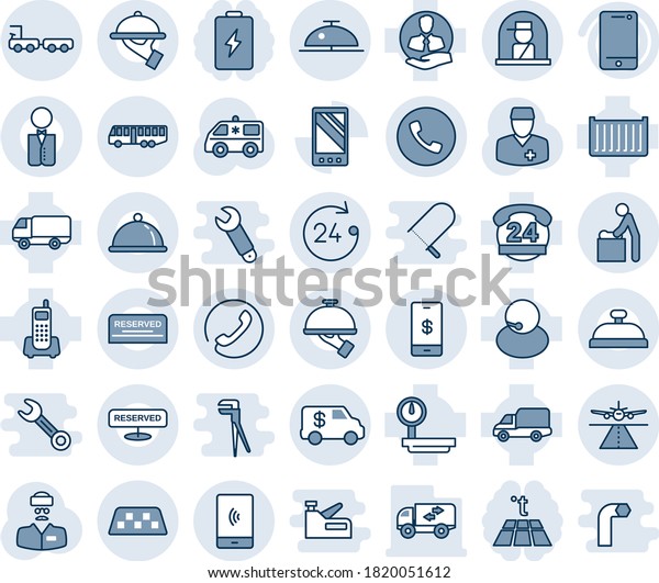 Blue tint and shade editable vector line icon set\
- runway vector, taxi, airport bus, phone, baby room, 24 hours,\
client bell, officer window, baggage truck, ambulance car, doctor,\
office, support