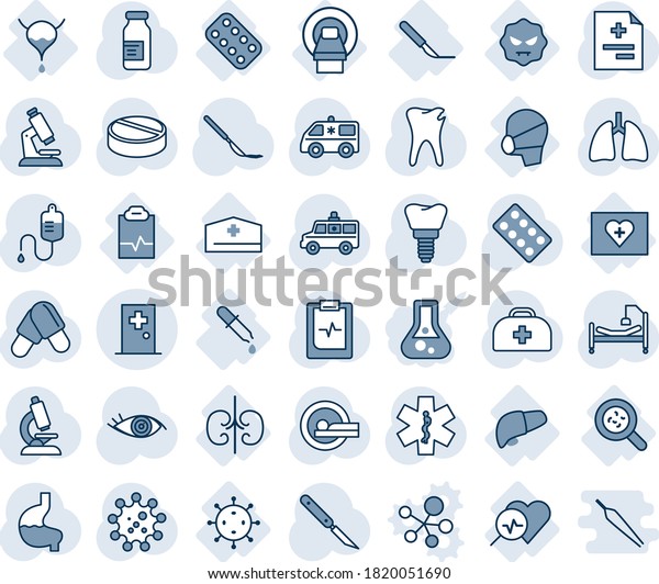 Blue tint and shade editable vector line icon set\
- first aid room vector, doctor case, diagnosis, dropper,\
microscope, pills, blister, ampoule, scalpel, tomography, ambulance\
star, car, stomach