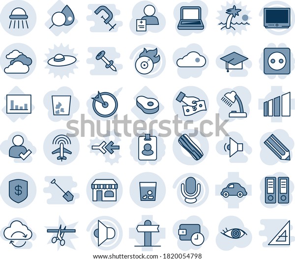 Blue tint and shade editable vector line icon set -\
shop vector, plane radar, trash, shower, clouds, office binder,\
pencil, eye, patient, blood test, meat, statistics, signpost, car\
delivery, tv