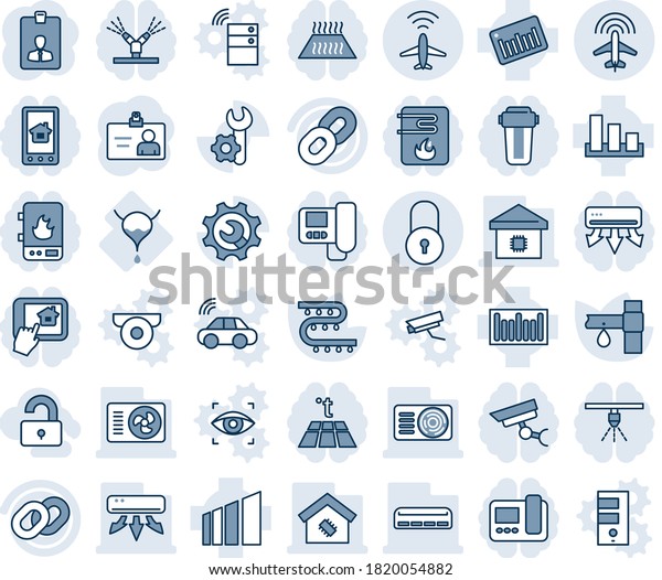 Blue tint and shade editable vector line icon set -\
plane radar vector, lock, identity card, drip irrigation, bladder,\
sorting, barcode, chain, root setup, air conditioner, smart home,\
unlocked, car