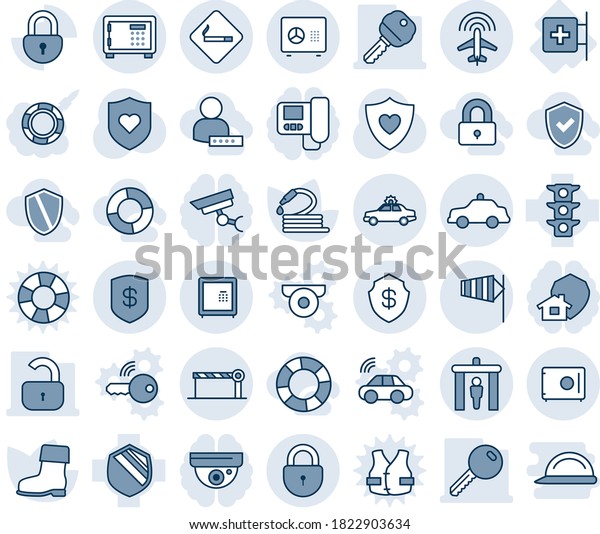 Blue tint and shade editable vector line icon set -\
security gate vector, smoking place, alarm car, safe, lock, plane\
radar, barrier, safety, side wind, boot, hose, heart shield, first\
aid room, key