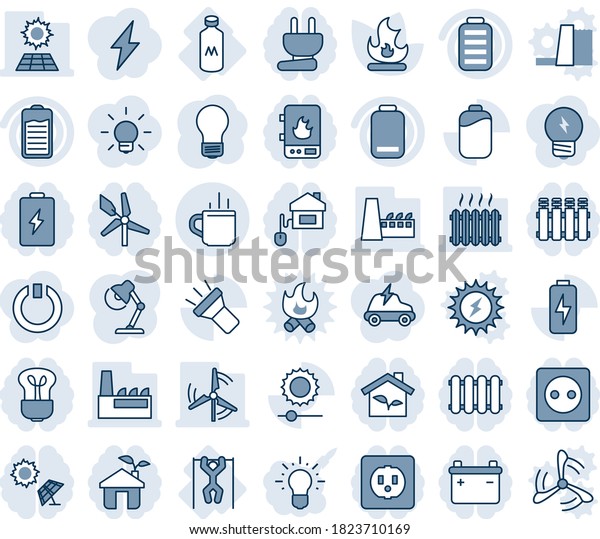 Blue tint and shade editable vector line icon set\
- hot cup vector, bulb, fire, pull ups, milk, battery, low, torch,\
brightness, charge, desk lamp, sun panel, windmill, heater,\
factory, home control