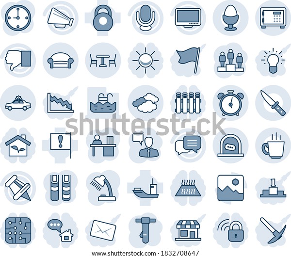 Blue tint and shade editable vector line icon set\
- cafe vector, alarm clock, waiting area, car, ticket office,\
clouds, safe, speaking man, pedestal, tie, important flag, sea\
shipping, heavy, dialog