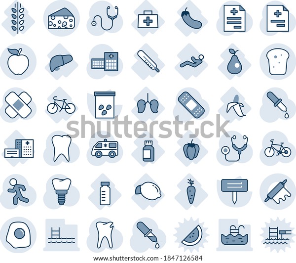 Blue tint and shade editable vector line icon set -\
plant label vector, seeds, diagnosis, stethoscope, dropper, patch,\
ambulance car, bike, run, tooth, caries, implant, hospital, doctor\
bag, vial