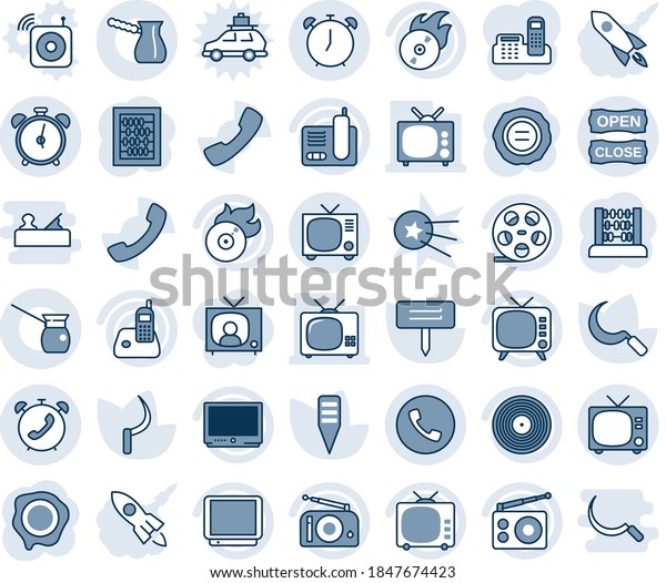 Blue tint and shade editable vector line icon set -\
alarm clock vector, phone, tv, abacus, stamp, sickle, plant label,\
reel, vinyl, flame disk, radio, call, office, open close, turkish\
coffee, news