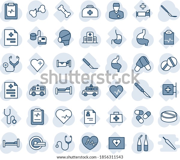 Blue tint and shade editable vector line icon set -\
bed vector, hotel, heart pulse, doctor case, diagnosis,\
stethoscope, pills, ampoule, scalpel, tomography, ambulance car,\
hospital, stomach, bag