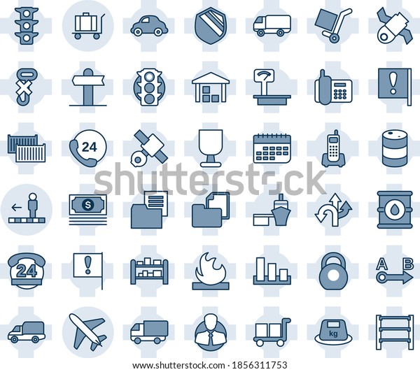 Blue tint and shade editable vector line icon\
set - plane vector, baggage, travolator, route, signpost, important\
flag, satellite, cash, traffic light, office phone, 24 hours,\
client, car delivery