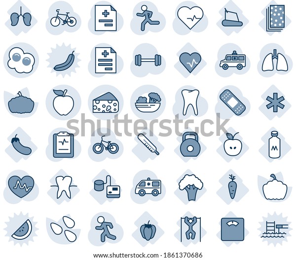Blue tint and shade editable vector line icon
set - pumpkin vector, seeds, heart pulse, diagnosis, patch,
ambulance car, barbell, bike, run, lungs, tooth, clipboard, apple,
tonometer, thermometer