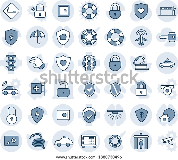 Blue tint and shade editable vector line icon set -\
security gate vector, smoking place, alarm car, safe, lock, plane\
radar, barrier, insurance, safety, glove, hose, heart shield, first\
aid room
