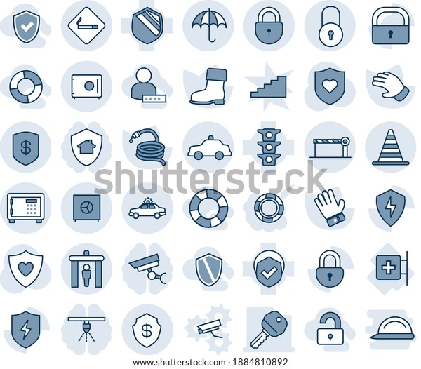 Blue tint and shade editable vector line icon set -\
security gate vector, smoking place, alarm car, border cone, safe,\
lock, barrier, insurance, safety, glove, boot, hose, heart shield,\
protect, key