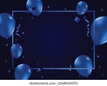 Blue Tiny Confetti And Balloon With Streamer Ribbons Falling On Background. Vector Illustration