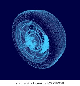 Blue tire with a rim. The tire is shown in a 3D. The tire is shown in a blue color, which gives it a cool