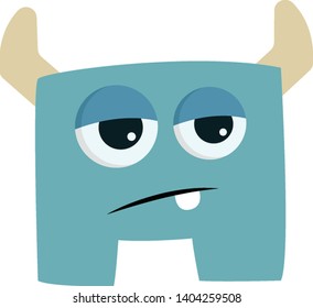 Blue tired monster with horns, vector, color drawing or illustration. 
