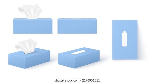 Blue tissue boxes set from different angles, realistic package mockup, 3d vector illustration isolated on white. Set of disposable paper napkins in cardboard container. Angle, side and top view.