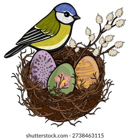 Blue Tit bird on a nest with decorated Easter eggs and pussy willow branches, vector illustration