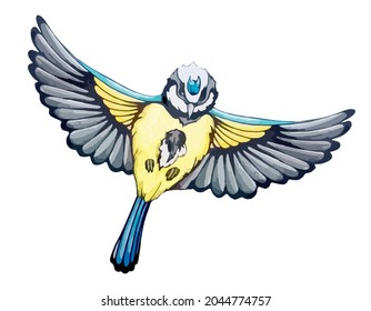 Blue tit in flight across sky in watercolor style. Folk tit with yellow feathers. Spring bird fly with open wings and colorful plumage. Vintage decor element of wildlife. Vector isolated illustration