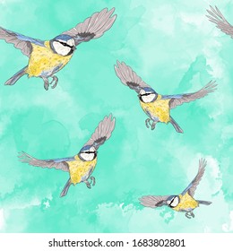 Teta azul volando sobre el cielo acuarela de la menta. Diseño de patrones impecable. Fondo de agua con textura. Ilustración vectorial. Aves en el cielo. Swatch de tela.