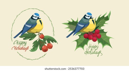 Blue tit and holly leaves and berries, cartoon vector bird  illustration and winter floral composition isolated on white background. 