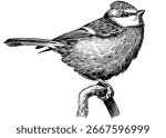 Blue Tit on a brach. Hand drawn illustration. Isolated bird species in detailed engraving style, hatching and line art. Decorative for animal, zoo and web. 