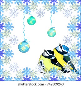 blue tit  plump bird couple on the snow. vector illustration