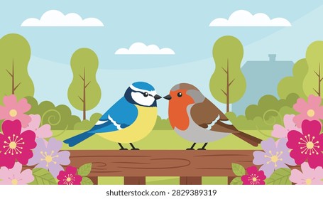 Blue tit and robin bird sitting together on a wooden fence decorated with colorful spring flowers in a sunny garden setting for nature lovers.