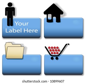 Blue Title Icon Symbol Set: Person; Home House; File Folder; Shopping Cart.  Simply add your title/label in plain white text to create your icon.