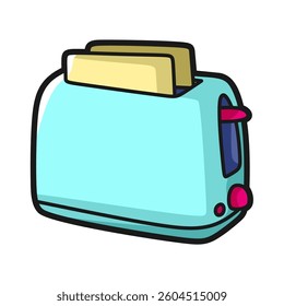 blue toaster cartoon with two toasted bread