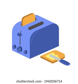 Blue Toaster With Ready-made Toast In Isometric Style. There's Butter On One Piece Of Bread. Delicious Breakfast Concept. Vector Illustration Isolated On White Background.