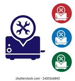 Blue Toaster with screwdriver and wrench icon isolated on white background. Adjusting, service, setting, maintenance, repair, fixing. Set color icon in circle buttons. Vector Illustration