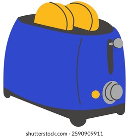 Blue toaster with toasted bread for breakfast inside. Roasted toast. Toaster with toast, kitchen utensils