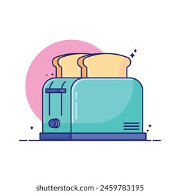 A blue toaster with two slices of bread in it. The toaster is on a white background