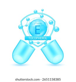 Vitamina E de tocoferol azul em escudo cercado por moléculas de átomos flutuam para fora da cápsula aberta sobre fundo branco. Complexo de vitaminas do medicamento do comprimido. Para produtos de design suplemento dietético. Vetor 3D.