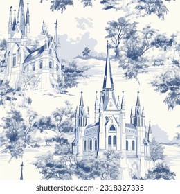 Blue toile de jouy french illustration seamless pattern of classic church with tree