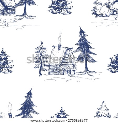 Blue toile de Jouy winter landscape with cottage, trees, engraved Christmas pattern.