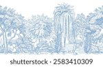 Blue toile forest with willow, oak tree mural. Classic landscape wallpaper.	