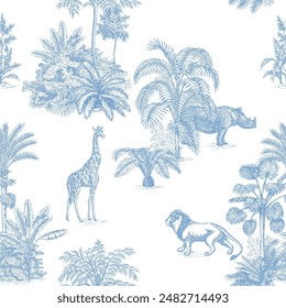 Blue toile jungle seamless pattern. Tropical palm tree, plants, African animals wallpaper.