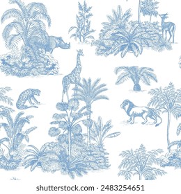 Blue toile jungle seamless pattern. Tropical palm tree, plants, African animals wallpaper.