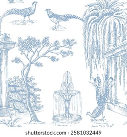 Blue toile park with pheasant bird, column, fountain, willow tree seamless pattern. Classic landscape wallpaper.