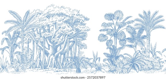 Blue toile tropical vintage botanical palm trees, banana tree, plants, banyan tree seamless border white background. Graphic jungle mural.