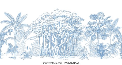 Blue toile tropical vintage botanical palm trees, banana tree, plants, banyan tree seamless border white background. Graphic jungle mural.