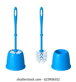 Blue toilet brush in a glass, next to the same brush, taken from a glass, on a white background