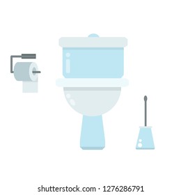 Blue toilet with cleaning brush and toilet paper. Element of the bathroom interior. Set of Plumbing and Sewerage. Cartoon flat illustration