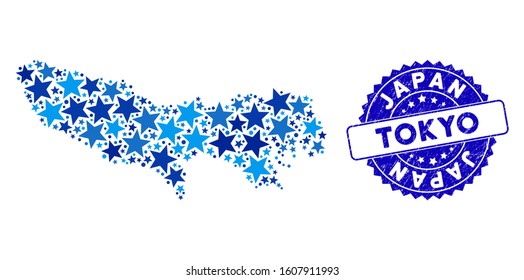 Blue Tokyo Prefecture map composition of stars, and scratched rounded stamp. Abstract territory scheme in blue color hues. Vector Tokyo Prefecture map is done of blue stars.