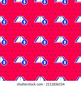 Blue Toll road traffic sign. Signpost icon isolated seamless pattern on red background. Pointer symbol. Street information sign. Direction sign.  Vector