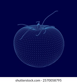 Blue tomato is shown in a computer generated image. The image is a close up of the tomato, with the stem and leaves visible. The image has a futuristic and abstract feel to it