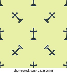 Blue Tombstone with cross icon isolated seamless pattern on yellow background. Grave icon.  Vector Illustration
